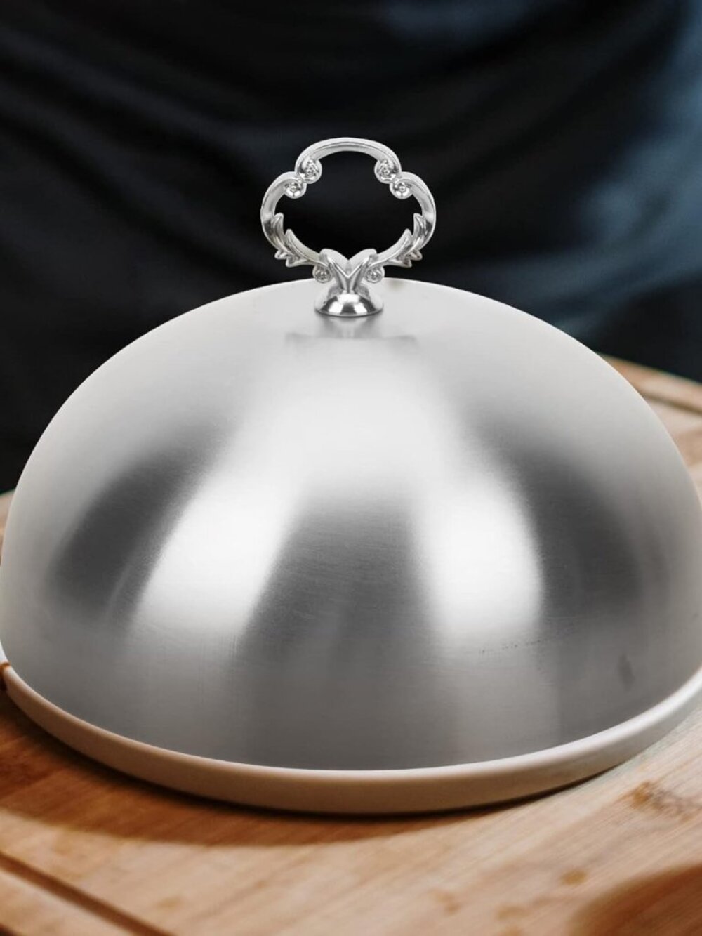 Round Stainless Steel Food Dome Lid Cover ornate Handle cloche metal
